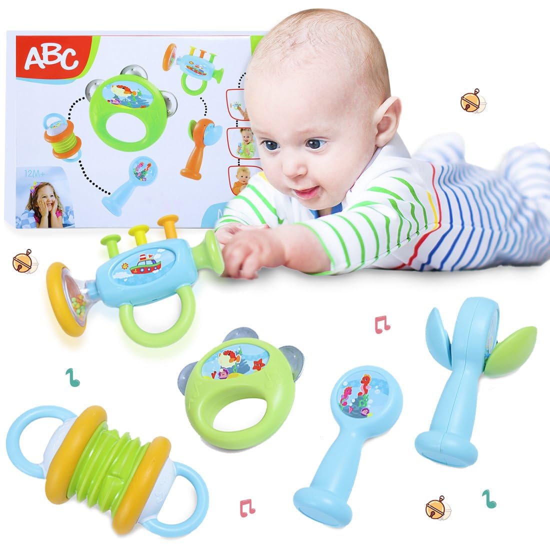 TOY-STATION ABC Music Rattle Teether | Musical Toy Set with Colorful Instruments, Fun Sounds, Rhythm Development | Fun and Creative Music Playset for Boys and Girls | Safe and Durable