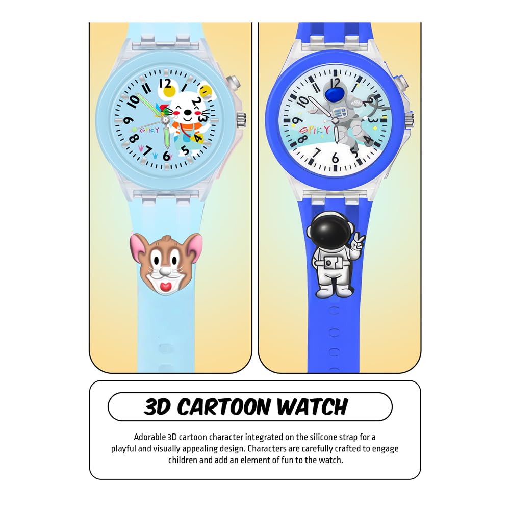 SPIKY Analog Watch for Kids | 3D Cartoon | 7 Multicolor LED Luminous Lights with Silicone Strap | Unisex Best Birthday Gift | Analogue Wrist Watches for Boys & Girls | Age 3-10 yrs