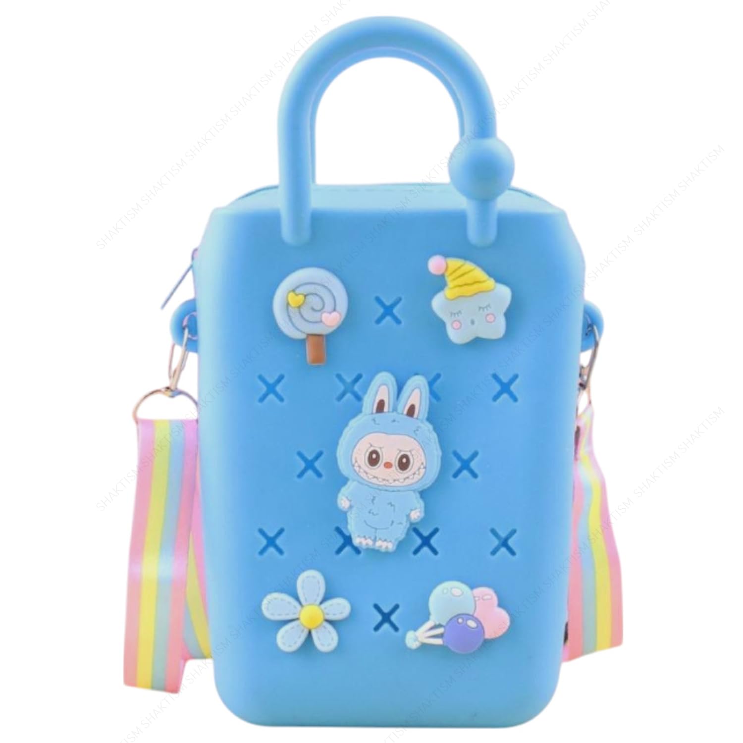 Silicone Sling Beach Tote Bag with Holes, Adjustable Straps, Cyan, Charms Sling Bags