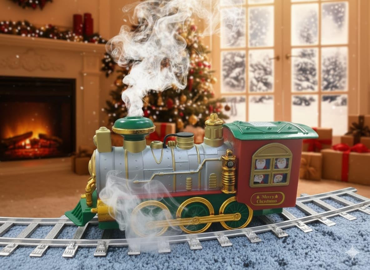FunBlast Christmas Musical Train Set – 22 Pcs Electric Track Train with Real Water Smoke, Rechargeable Battery, LED Lights and Music, Santa, Bell & Tree Decoration Items for 3+ Years Kids, Boys, Girls