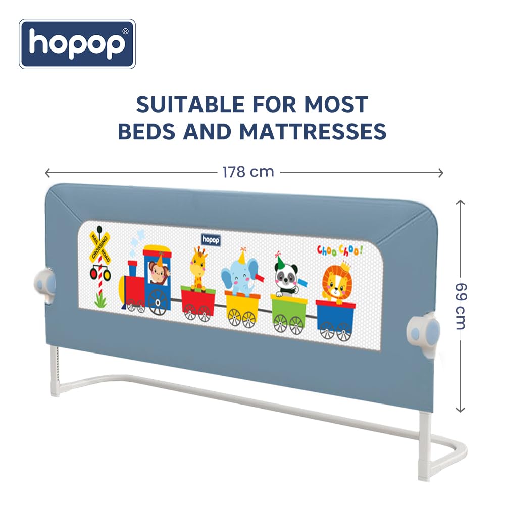 Hopop Baby Bed Rail Guard for Baby Safety | Bed Railing for Safety | Foldable Single Bed Side Protector for Falling | Adjustable Height | Bed Rails |183cm x 69 cm | Blue