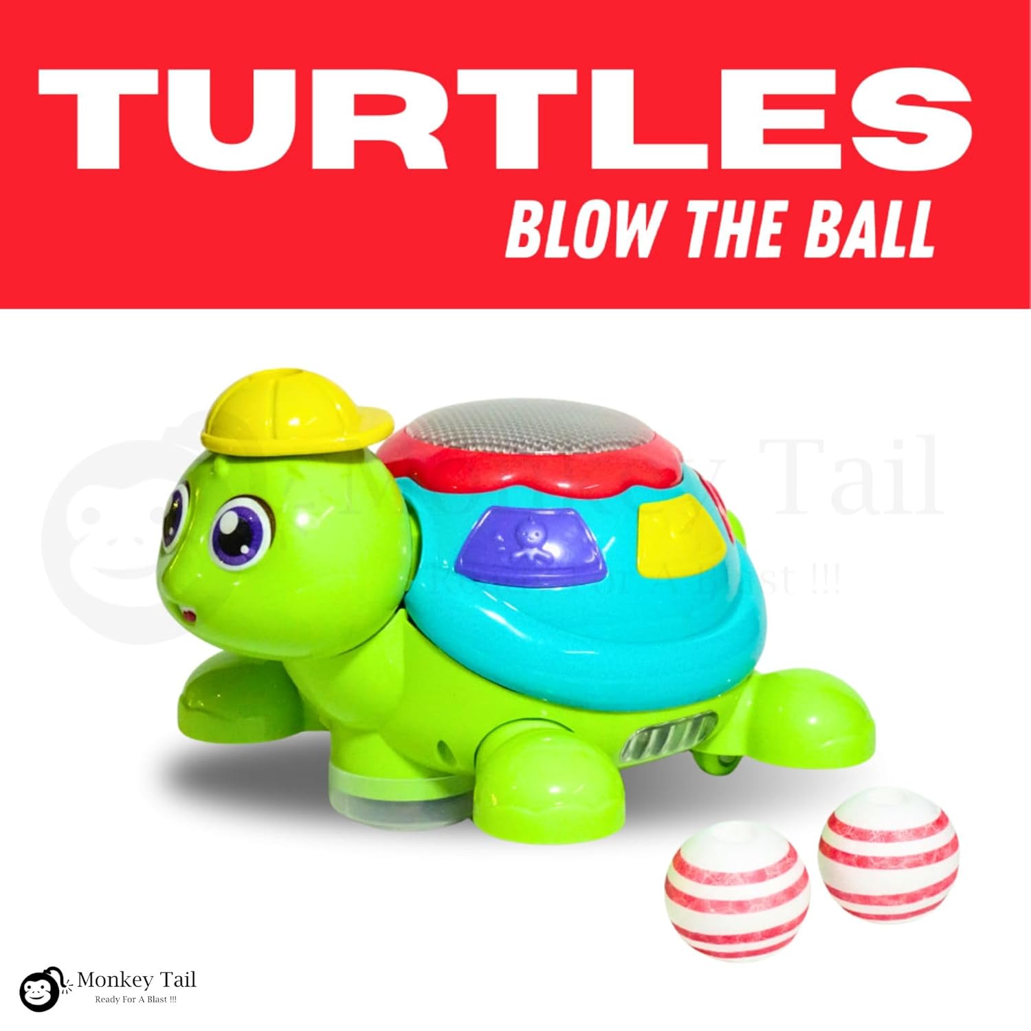 MONKEYTAIL Blow The Ball Turtle Toy for Kids | Air Floating Ball Game with Music & Lights | Fun Sensory Playset for Toddlers | Battery Operated Animal Figure Toy as Birthday Gift for Boys Girls Age 3+