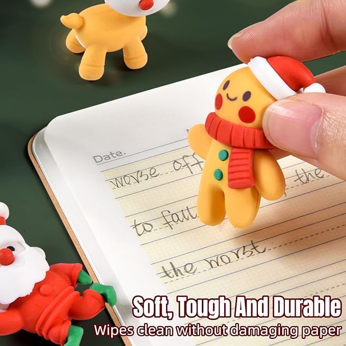 Cute Cartoon Mini Eraser Merry Christmas Stationery Gift for Kids Kawaii Stationary for Kids Christmas Gifts School Stationery Kit Stationary Set School Gift (Pack of 6)