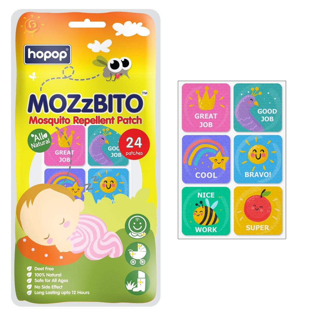 Hopop Mosquito Repellent Patches | MoZzbito 100% Natural Baby Mosquito Patches | Upto 12 Hour Protection Mosquito Sticker | Suitable for Kids & Adults | Deet Free | Pack of 24 | Transport