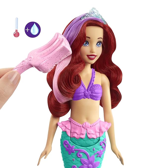 Disney Princess Toys, Ariel Mermaid Doll with Color-Change Hair and Tail, Color Splash Water Toy Inspired by The Movie