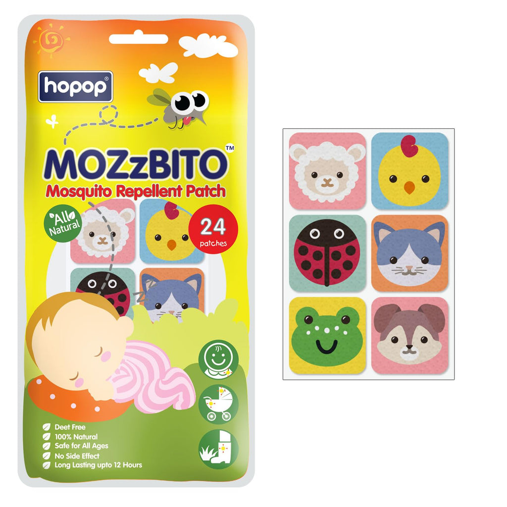 Hopop Mosquito Repellent Patches | MoZzbito 100% Natural Baby Mosquito Patches | Upto 12 Hour Protection Mosquito Sticker | Suitable for Kids & Adults | Deet Free | Pack of 24 | Transport