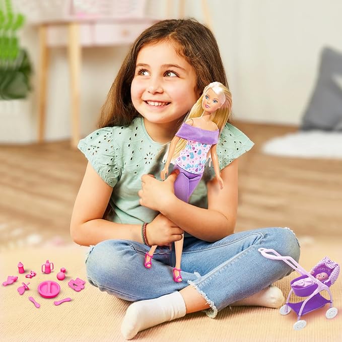 Steffi Love Doll Set| Steffi Love Baby Walk Toy| Steffi with Baby & Stroll| Set of 15+ Baby Essentials| Pretend Play Set| Ideal Gift for Girls Age 3+ (Pink)