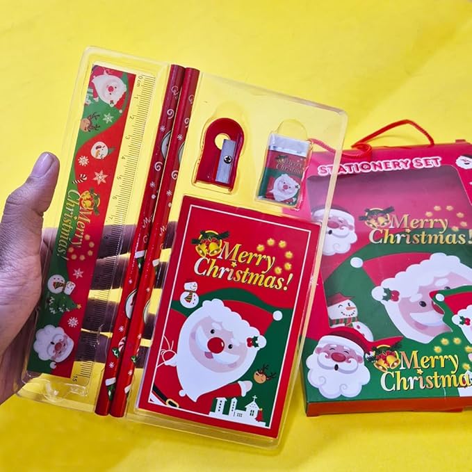 Christmas Stationery Giftset (Pack of 6 Items) 1 Eraser, 1 Sharpener, 1 Scale, 1 Diary, 2 Pencils for Kids