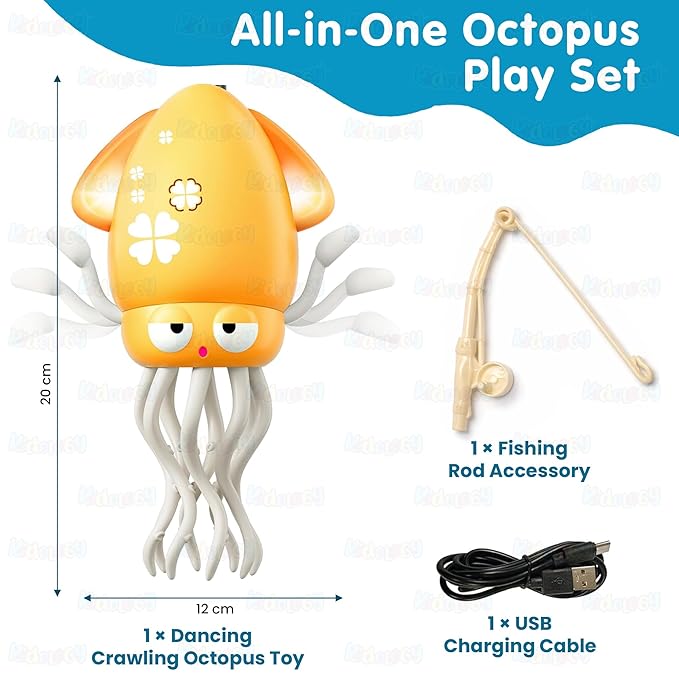 Dancing Octopus Baby Toy | Electric Crawling & Swinging Squid, Interactive Tummy Time Toy for Kids 3+ Years | Musical & Sensory Fun, Birthday Gifts for Boys & Girls (Yellow)