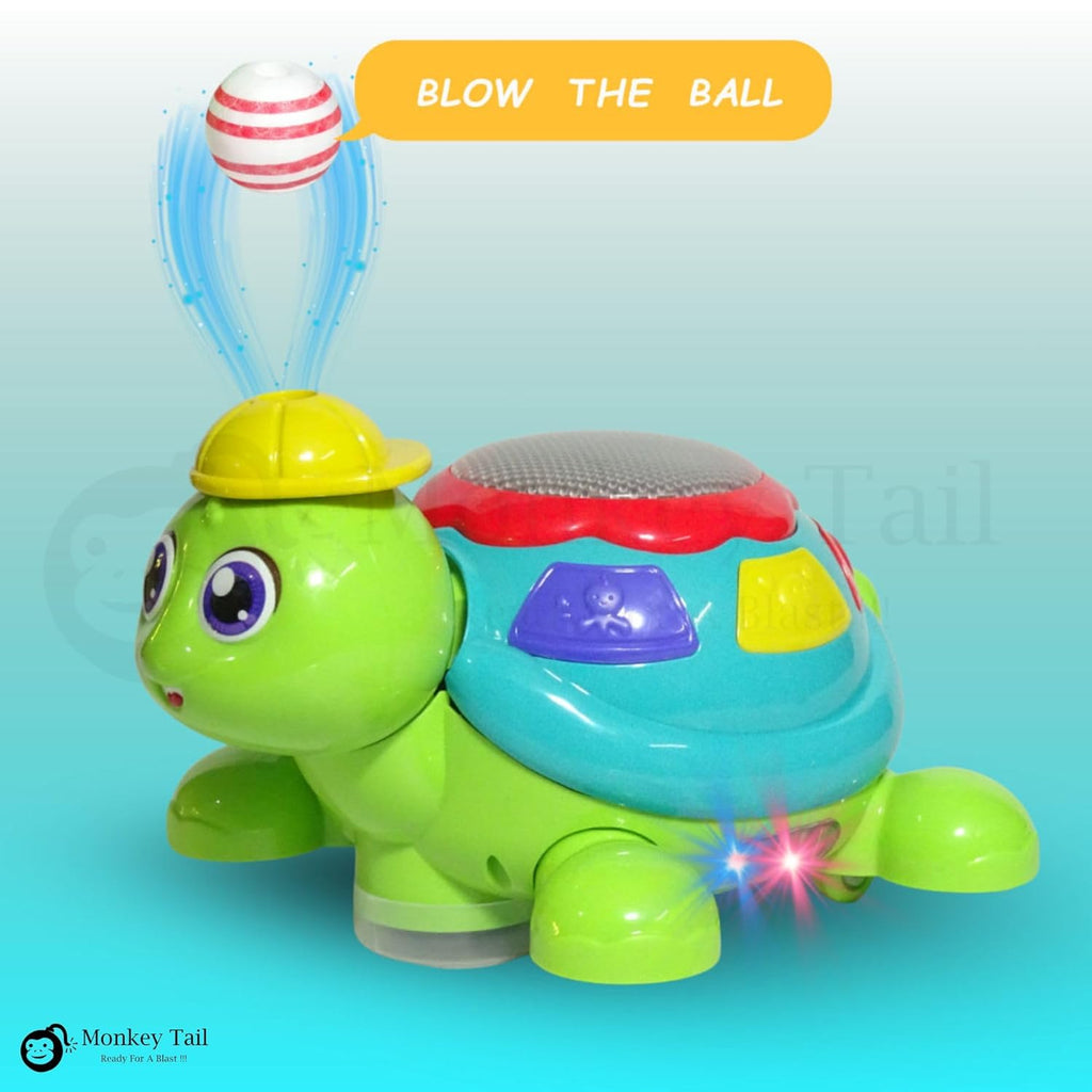 MONKEYTAIL Blow The Ball Turtle Toy for Kids | Air Floating Ball Game with Music & Lights | Fun Sensory Playset for Toddlers | Battery Operated Animal Figure Toy as Birthday Gift for Boys Girls Age 3+