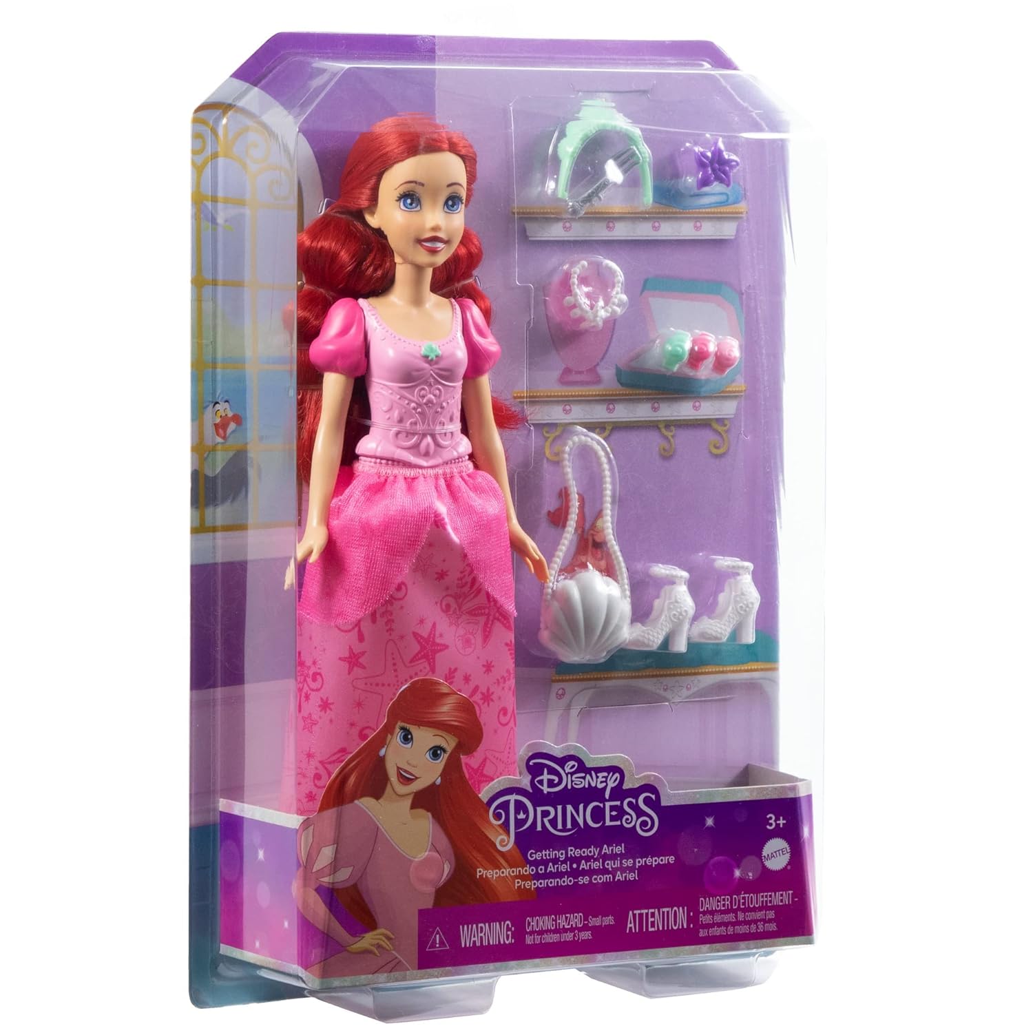 Disney Mattel Princess Toys, Ariel Fashion Doll in Signature Pink Dress and 9 Accessories, Inspired by The Movie