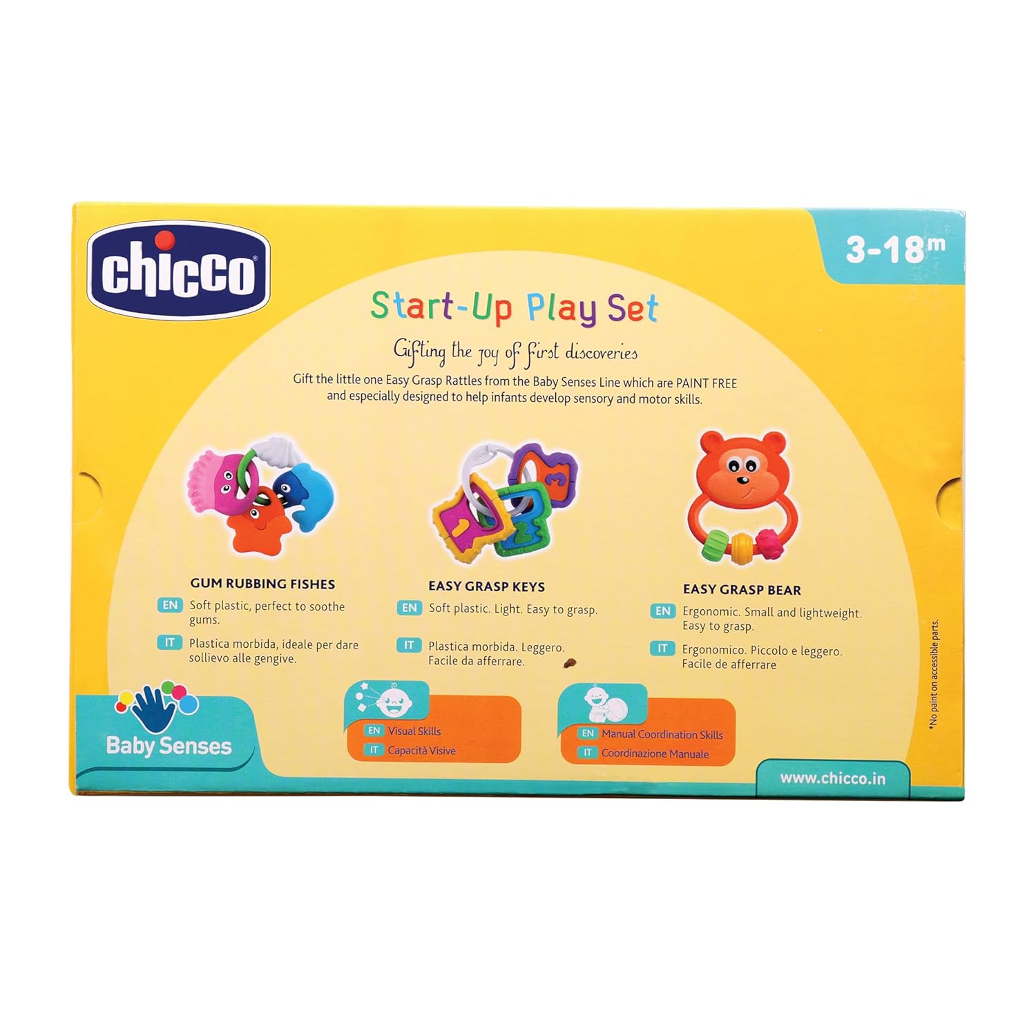 Chicco Start-Up Play Set |3-Piece Colourful Baby Rattle Toy Set for 3 to 18 Months |Enhances Early Development, Sensory Play & Motor Skills|Infant Toys|Paint-Free