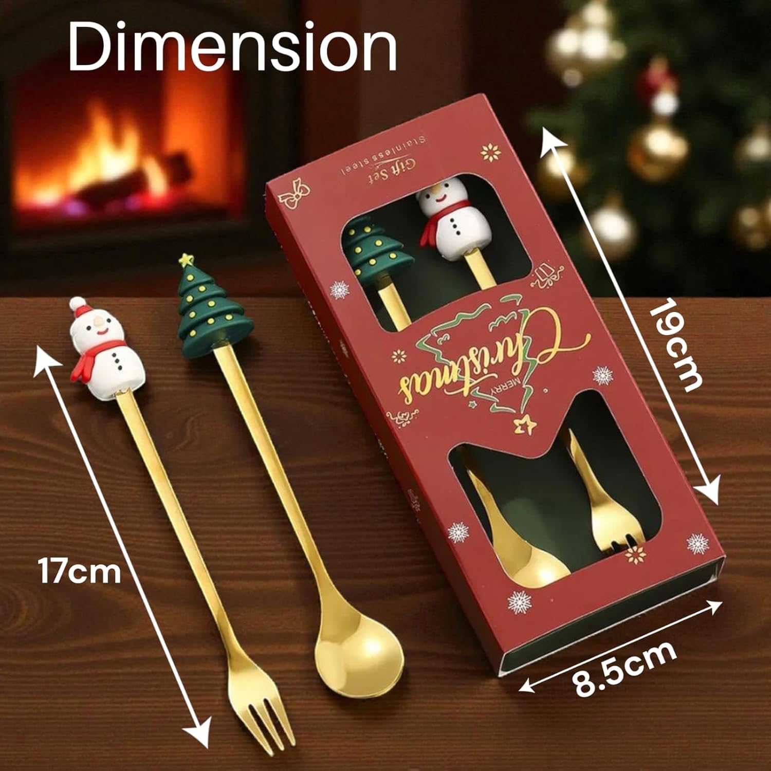 TERA13 Stainless Steel Christmas Cutlery Set with Santa and Tree Figurines, Set of 4 Piece Premium Gold Plated Flatware & Table, Spoon & Fork Set, Festive Gift Box for Christmas (Set of 4 Pcs)