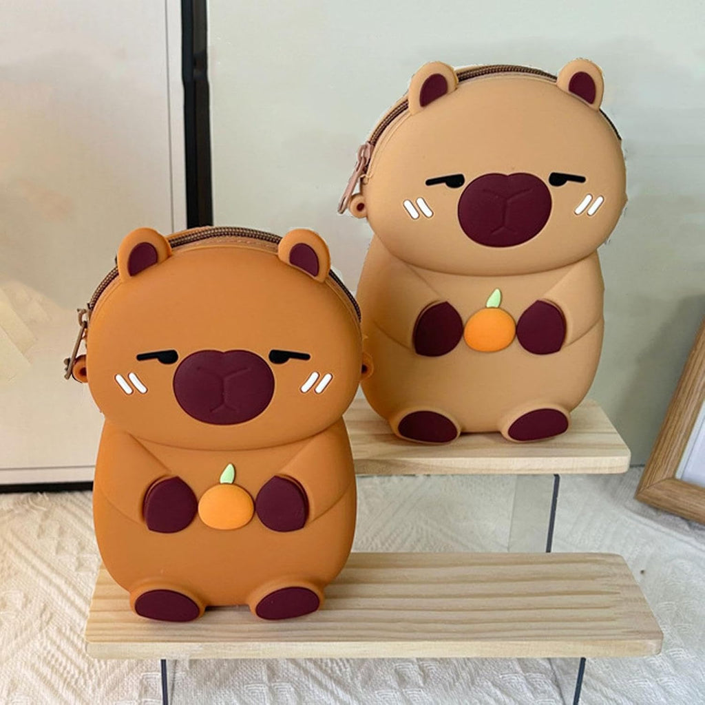 Shoulder Bag for Kids Capybara Wallet Travel Bag Zipper Silicone Bag Dark Brown