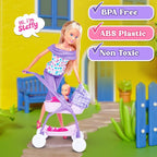 Steffi Love Doll Set| Steffi Love Baby Walk Toy| Steffi with Baby & Stroll| Set of 15+ Baby Essentials| Pretend Play Set| Ideal Gift for Girls Age 3+ (Pink)