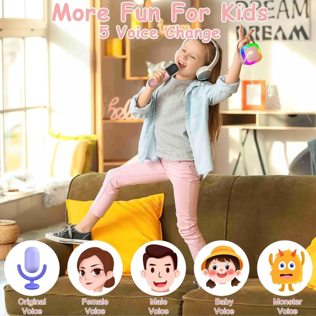 VikriDA Mini Karaoke Machine for Kids & Adults,Portable Bluetooth Speaker with 1 Wireless Karaoke Microphone,Music Toys Christmas Birthday Gifts for Girls & Boys 4,5,6,7,8,9,10,11,12 Year Old.