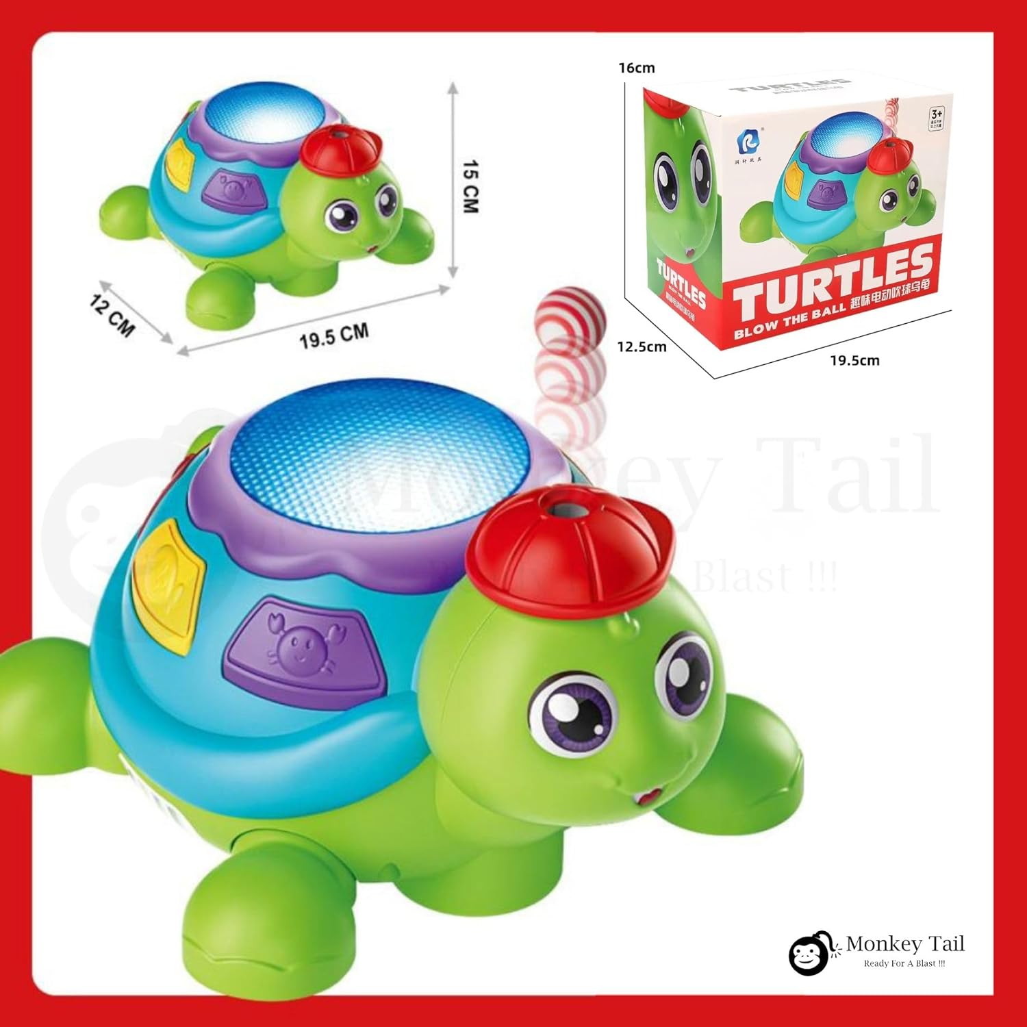 MONKEYTAIL Blow The Ball Turtle Toy for Kids | Air Floating Ball Game with Music & Lights | Fun Sensory Playset for Toddlers | Battery Operated Animal Figure Toy as Birthday Gift for Boys Girls Age 3+