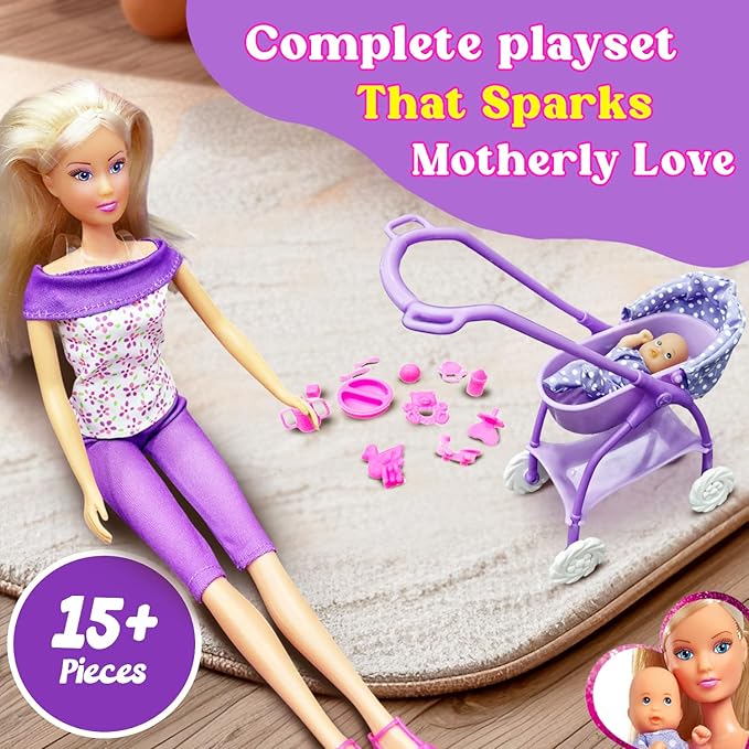 Steffi Love Doll Set| Steffi Love Baby Walk Toy| Steffi with Baby & Stroll| Set of 15+ Baby Essentials| Pretend Play Set| Ideal Gift for Girls Age 3+ (Pink)