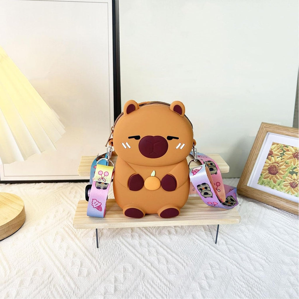 Shoulder Bag for Kids Capybara Wallet Travel Bag Zipper Silicone Bag Dark Brown