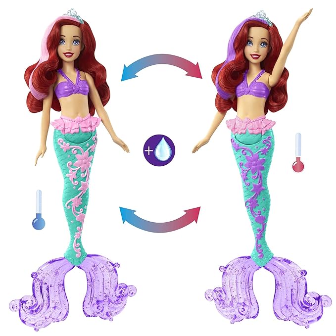 Disney Princess Toys, Ariel Mermaid Doll with Color-Change Hair and Tail, Color Splash Water Toy Inspired by The Movie