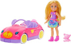 Barbie Chelsea Doll & Toy Car Set with Bear-Themed Convertible & Teddy Bear Accessory, Blonde Small Doll Wears Removable Skirt & Shoes