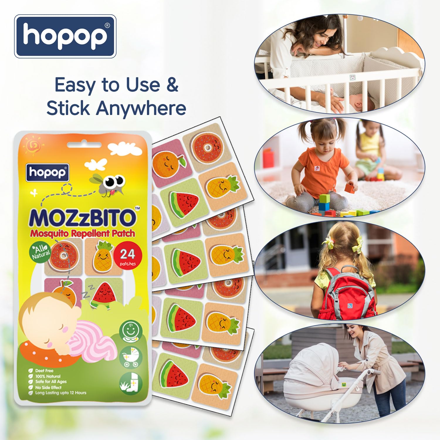 Hopop Mosquito Repellent Patches | MoZzbito 100% Natural Baby Mosquito Patches | Upto 12 Hour Protection Mosquito Sticker | Suitable for Kids & Adults | Deet Free | Pack of 24 | Transport
