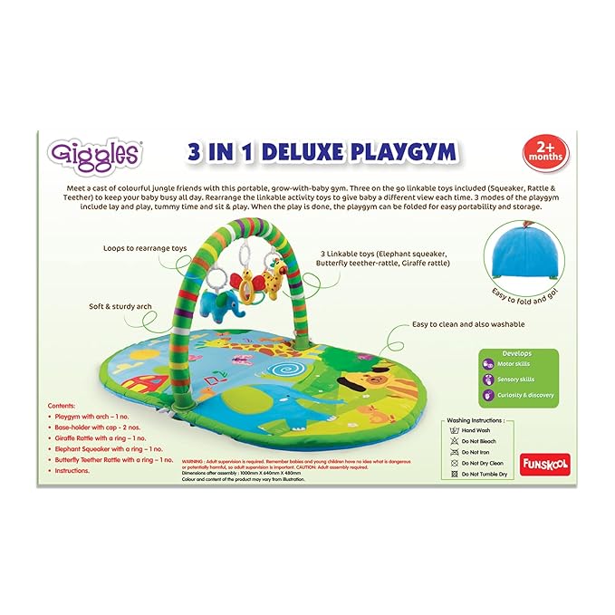 Giggles Funskool 3in1 Deluxe Playgym, Animal Printed Soft & Comfy Activity Mat for Tummy Time, Fun & Development Toy for Babies, Infants, Multicolour, Gift Set for Kids, Age 2+ Months