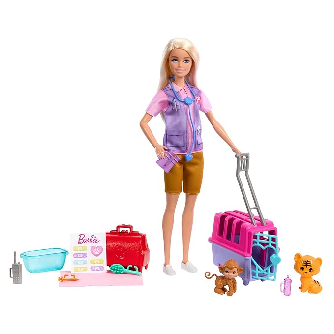 Barbie Careers Doll & Accessories, Animal Rescue & Recovery Playset with Blonde Doll, Baby Monkey & Tiger Figures, Carrier & More