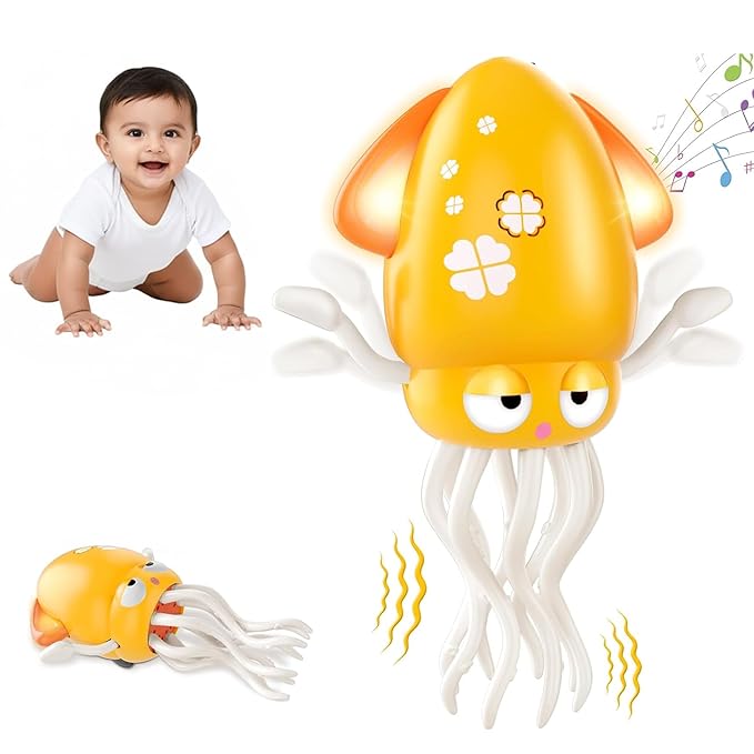 Dancing Octopus Baby Toy | Electric Crawling & Swinging Squid, Interactive Tummy Time Toy for Kids 3+ Years | Musical & Sensory Fun, Birthday Gifts for Boys & Girls (Yellow)