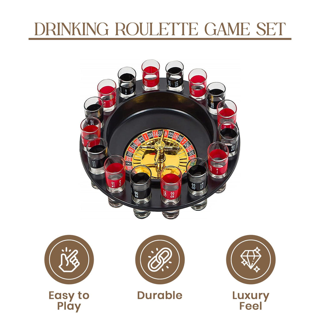 Roulette Drinking Game Set, 16 Glasses with 2 Balls, Black & Red, Casino Style