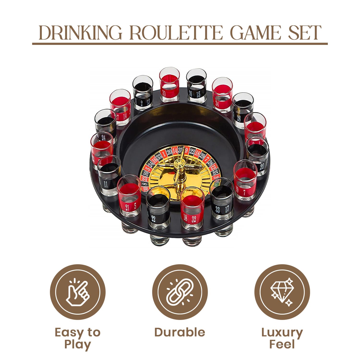 Roulette Drinking Game Set, 16 Glasses with 2 Balls, Black & Red, Casino Style