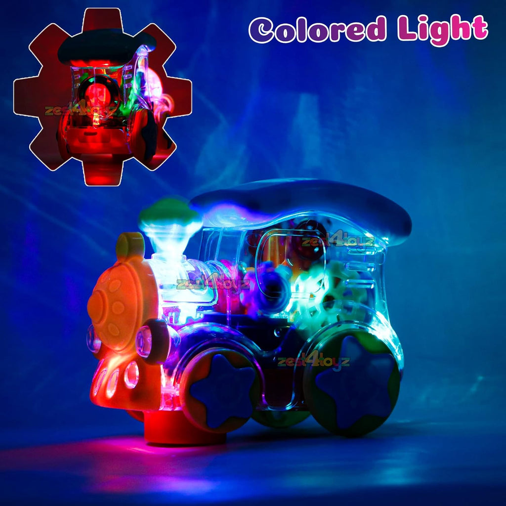 Zest 4 Toyz Gear Toys Kids Transparent Gear Train Engine Musical Sound Toy with Lights Bump and Go Toys for Boys Girls (Pack of 1) Multicolor