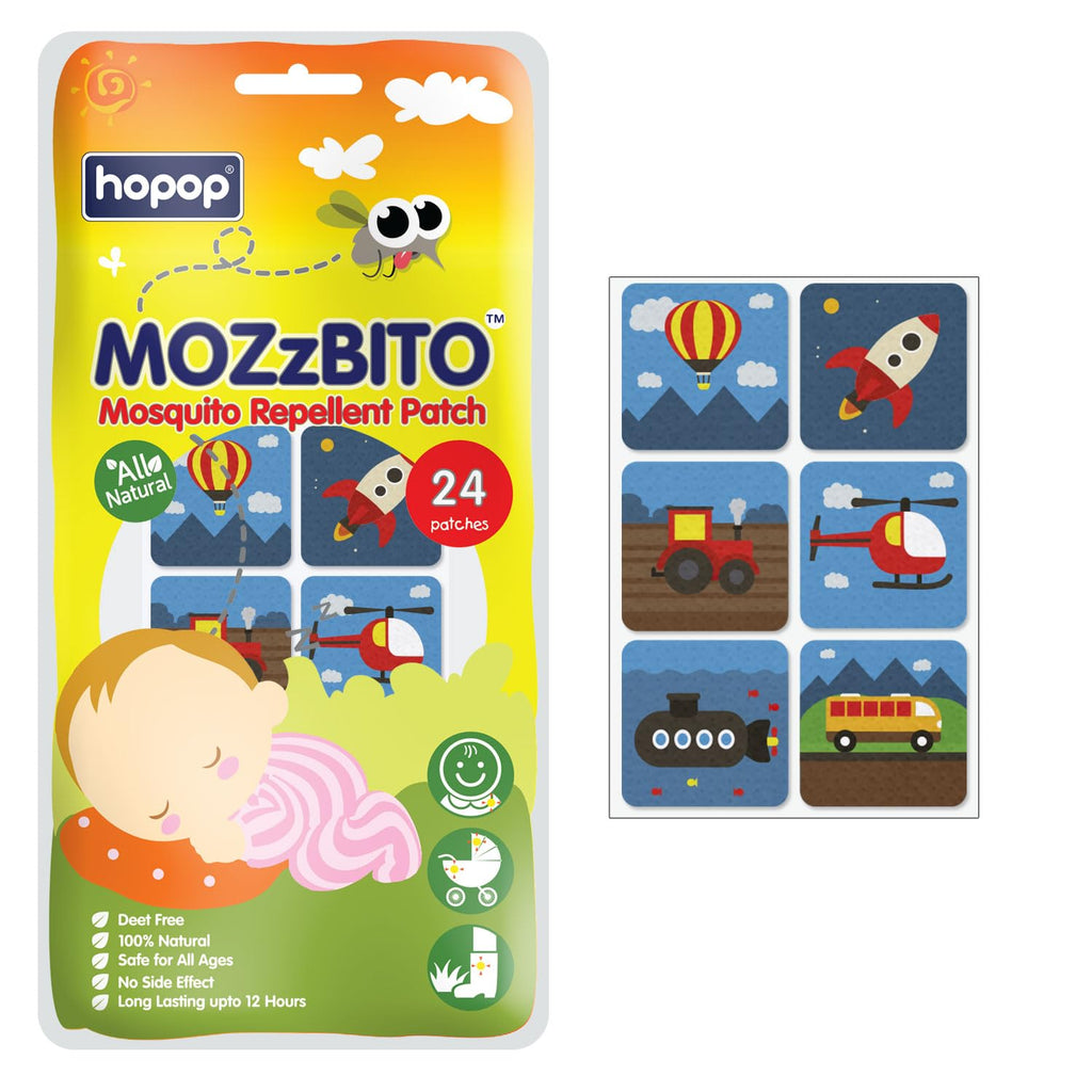 Hopop Mosquito Repellent Patches | MoZzbito 100% Natural Baby Mosquito Patches | Upto 12 Hour Protection Mosquito Sticker | Suitable for Kids & Adults | Deet Free | Pack of 24 | Transport