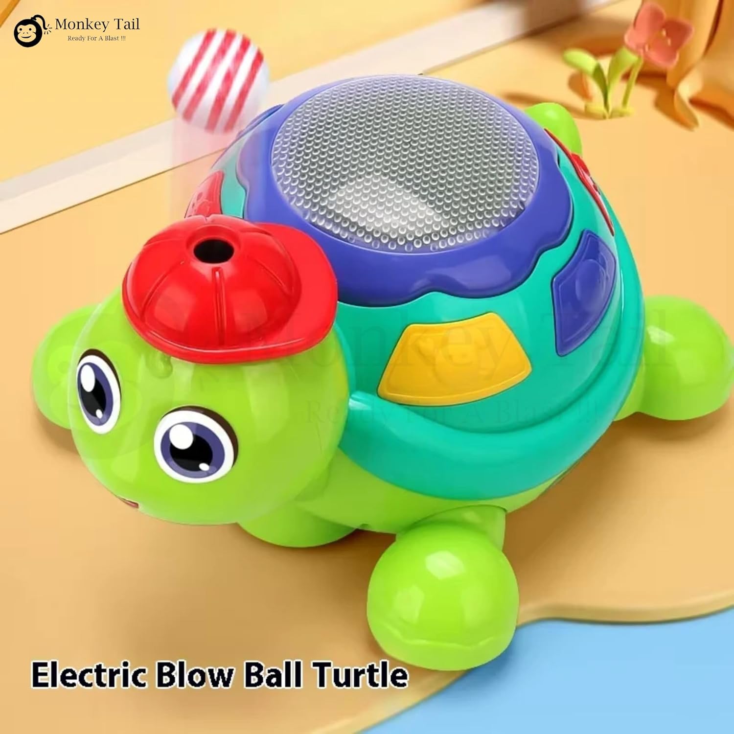 MONKEYTAIL Blow The Ball Turtle Toy for Kids | Air Floating Ball Game with Music & Lights | Fun Sensory Playset for Toddlers | Battery Operated Animal Figure Toy as Birthday Gift for Boys Girls Age 3+