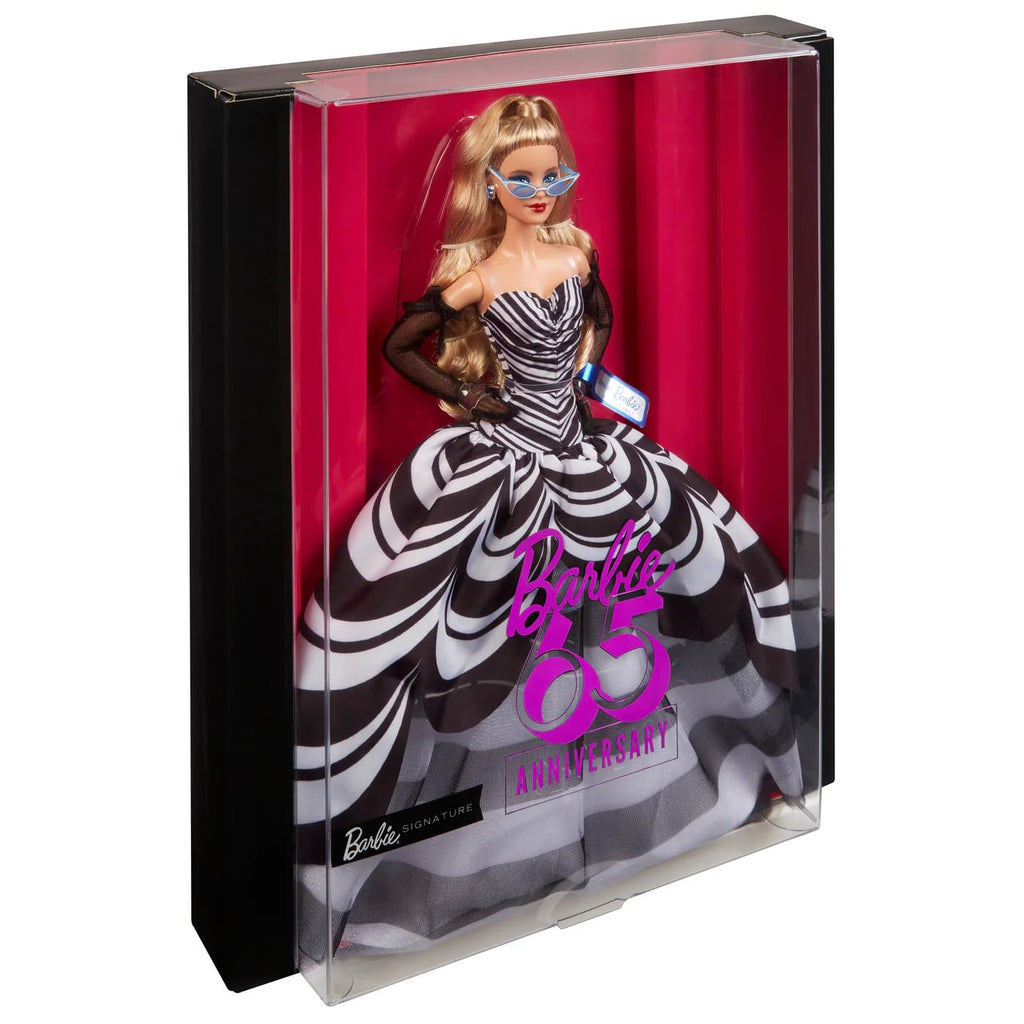 Barbie Signature Doll, 65th Anniversary Collectible with Blonde Hair, Black and White Gown, Sapphire Gem Earrings and Sunglasses