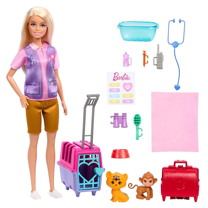 Barbie Careers Doll & Accessories, Animal Rescue & Recovery Playset with Blonde Doll, Baby Monkey & Tiger Figures, Carrier & More