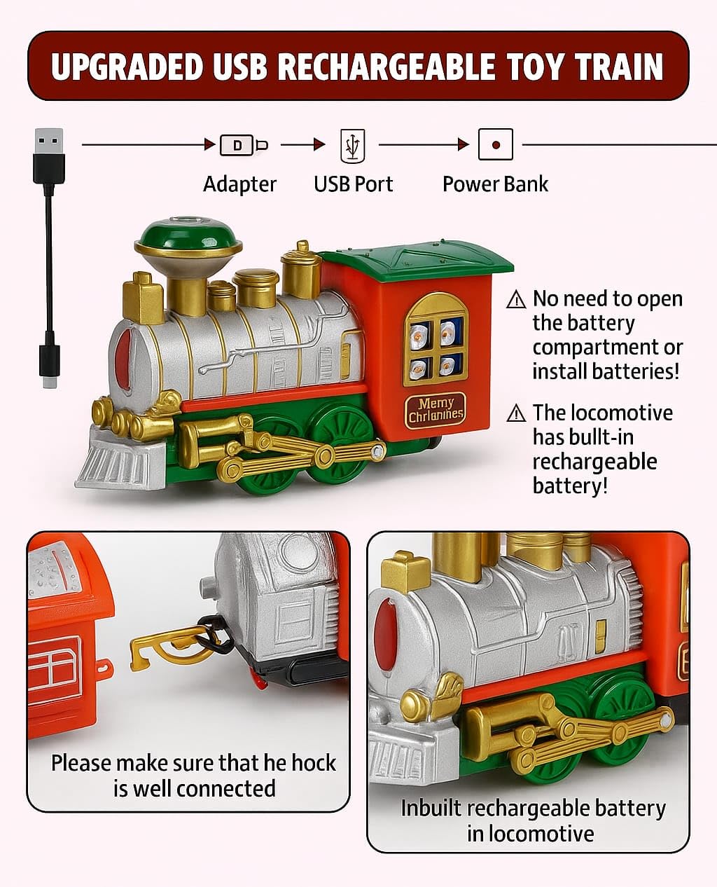 FunBlast Christmas Musical Train Set – 22 Pcs Electric Track Train with Real Water Smoke, Rechargeable Battery, LED Lights and Music, Santa, Bell & Tree Decoration Items for 3+ Years Kids, Boys, Girls