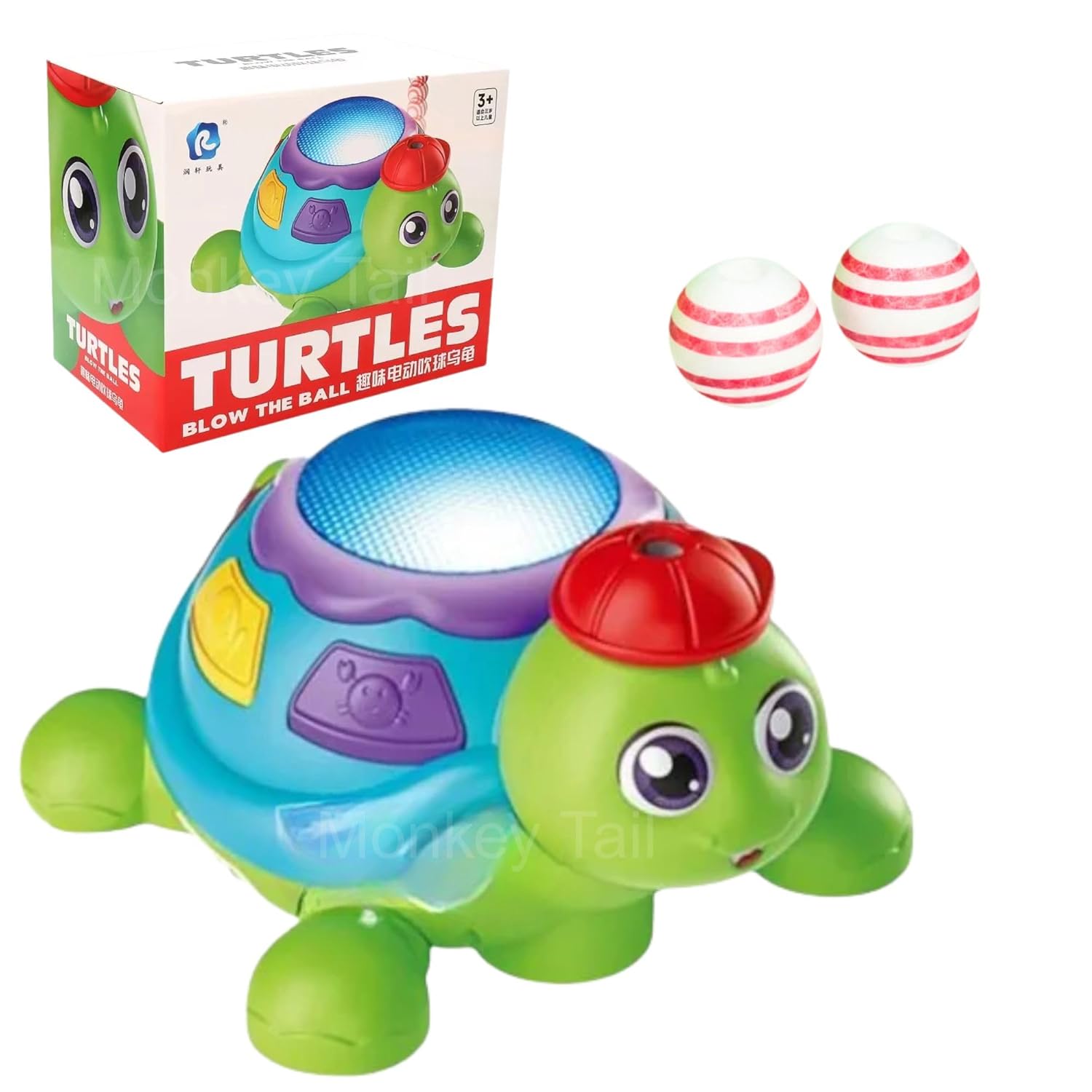MONKEYTAIL Blow The Ball Turtle Toy for Kids | Air Floating Ball Game with Music & Lights | Fun Sensory Playset for Toddlers | Battery Operated Animal Figure Toy as Birthday Gift for Boys Girls Age 3+