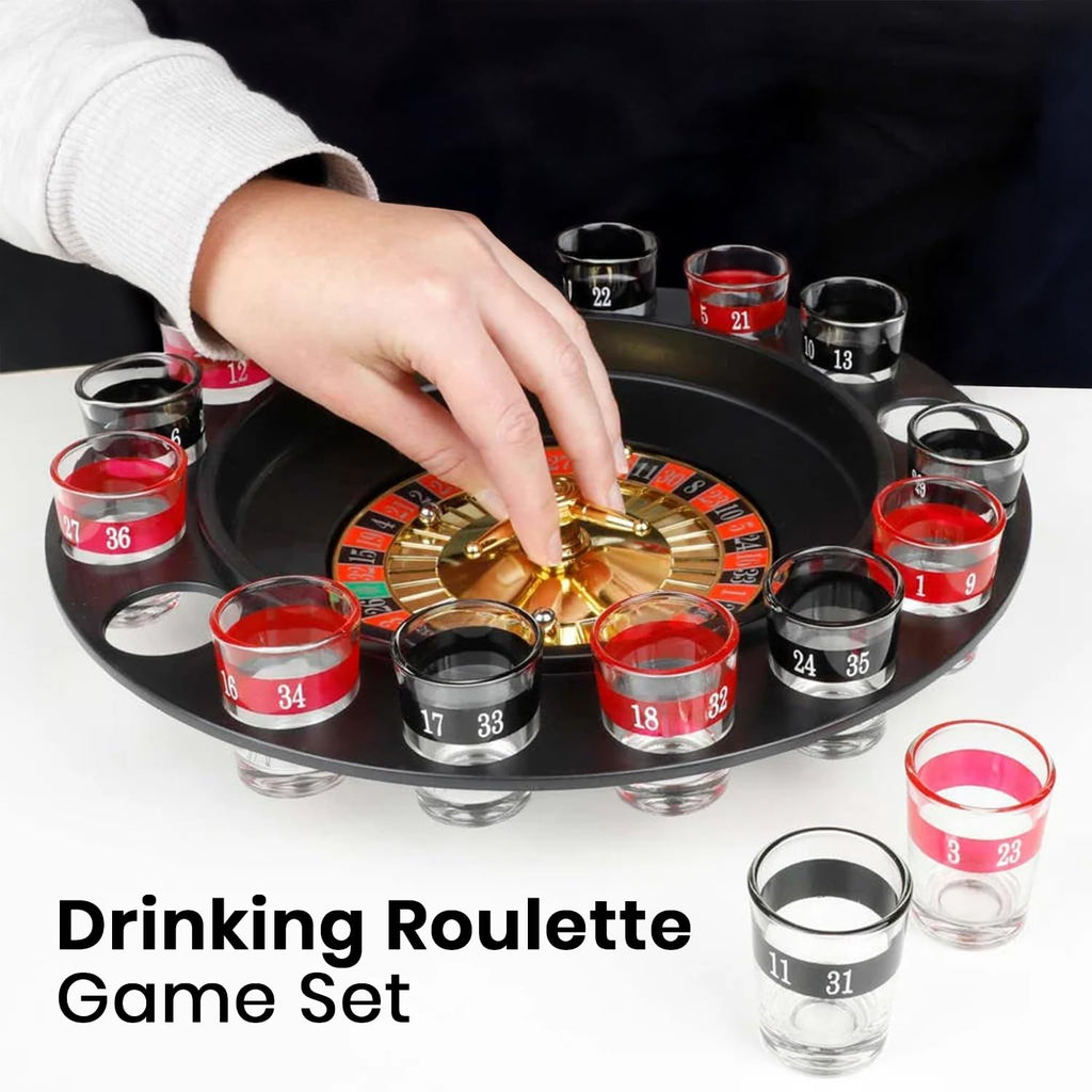 Roulette Drinking Game Set, 16 Glasses with 2 Balls, Black & Red, Casino Style