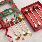 TERA13 Stainless Steel Christmas Cutlery Set with Santa and Tree Figurines, Set of 4 Piece Premium Gold Plated Flatware & Table, Spoon & Fork Set, Festive Gift Box for Christmas (Set of 4 Pcs)