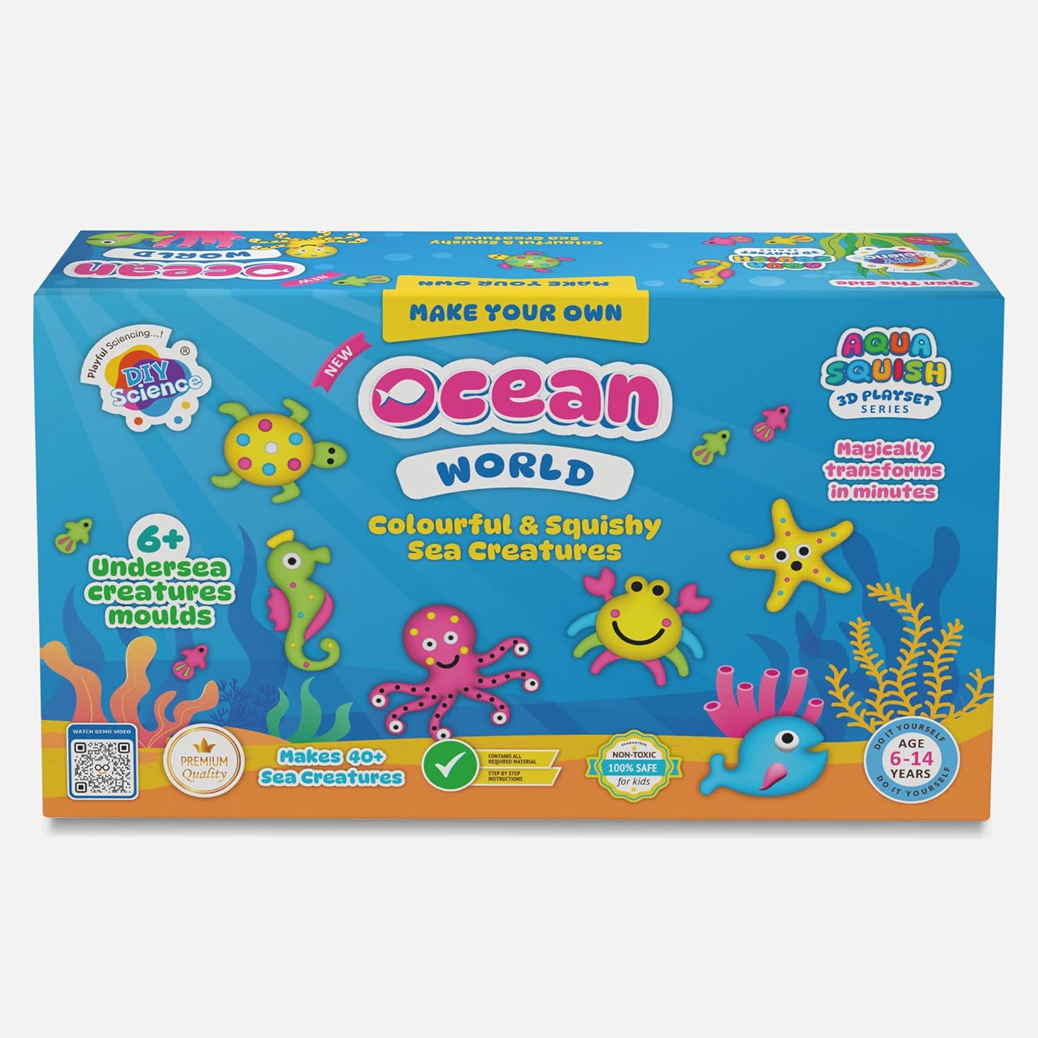 Ocean World Aqua Squish Kit | Make More Than 40 3D Colorful Soft and Squishy Sea Creatures | Magic Water Elf Gel Toys for Girls and Boys | 6 Undersea Creatures Moulds