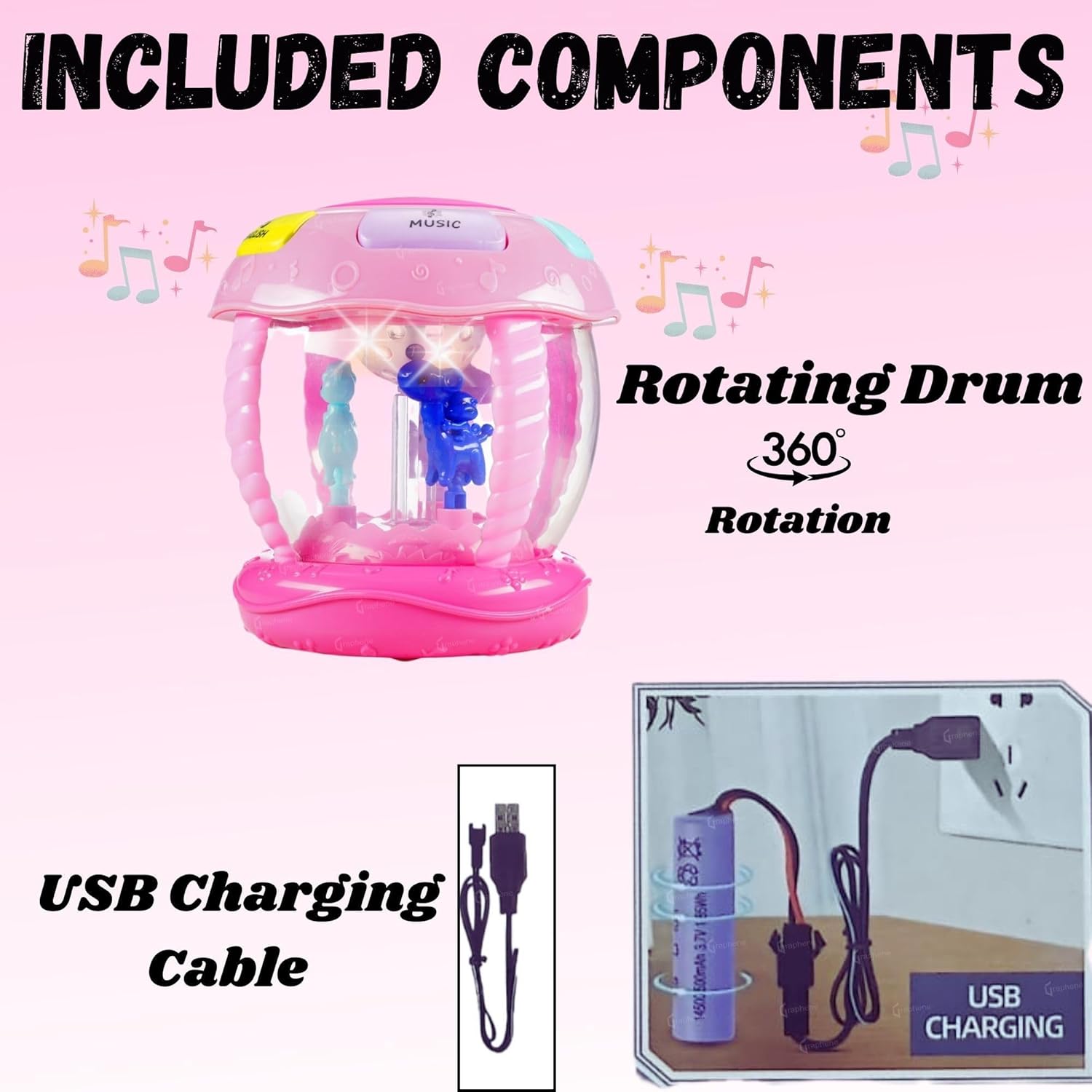 GRAPHENE Happy Horse Rotating Musical Drum Set for Toddlers Battery Operated Merry-Go-Round Toy with Lights Different Sounds & Lullaby Songs Multicolor (Pack of 1)