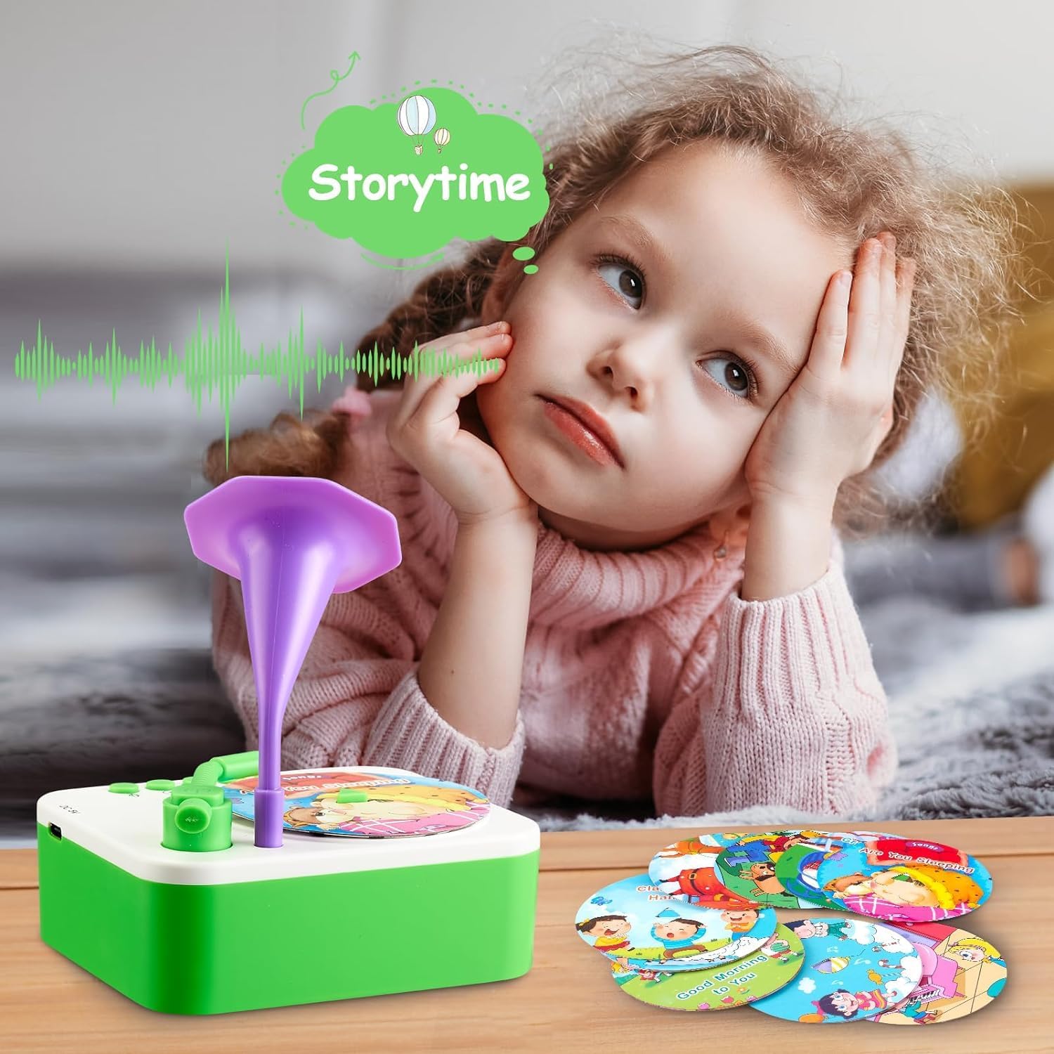 Kids Gramophone Music Player | Educational Phonograph Toy with 96 Story & Learning Cards,Toddler Early Learning Birthday Gift with Music, Rhymes & Stories for Boys & Girls Ages 6 Multicolor