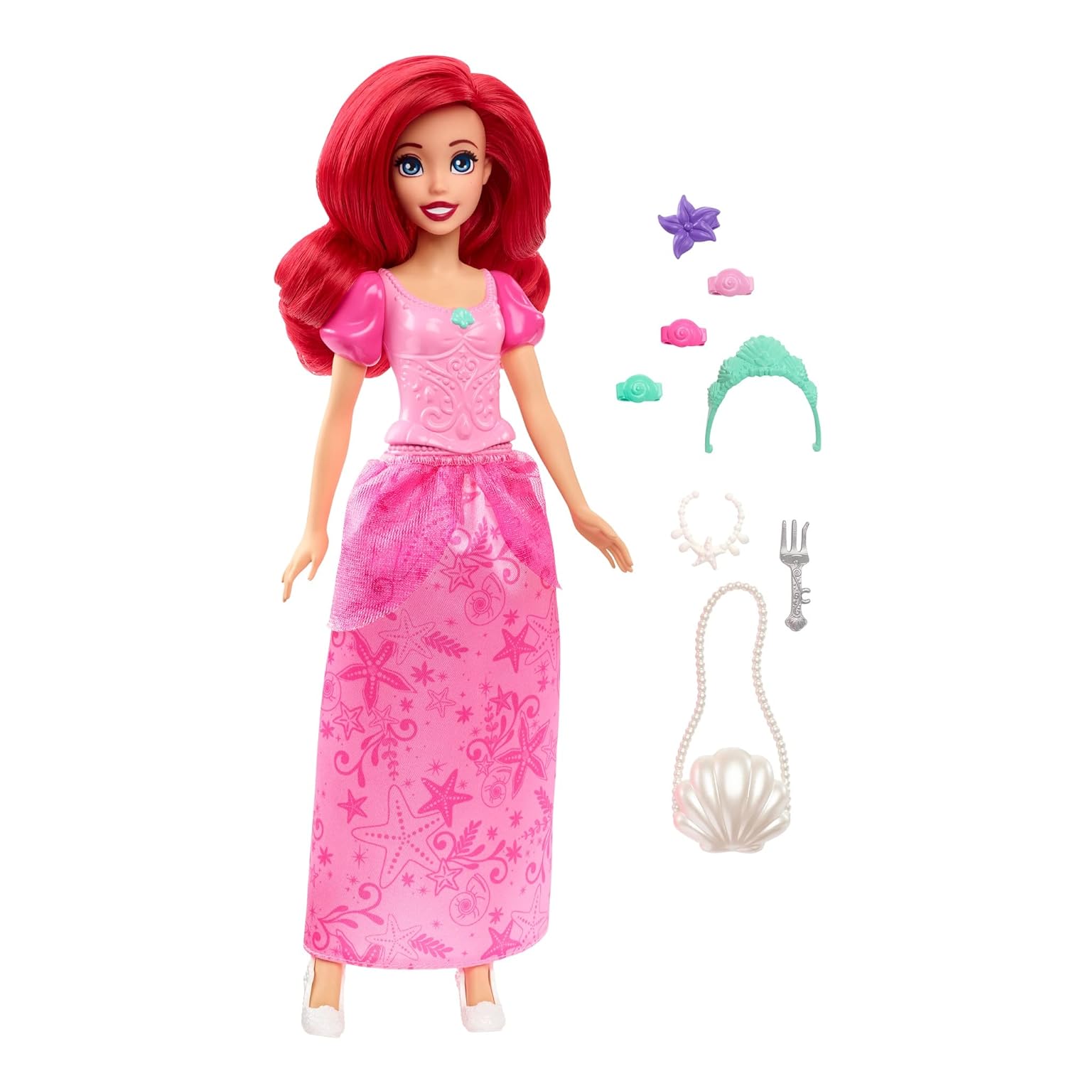 Disney Mattel Princess Toys, Ariel Fashion Doll in Signature Pink Dress and 9 Accessories, Inspired by The Movie