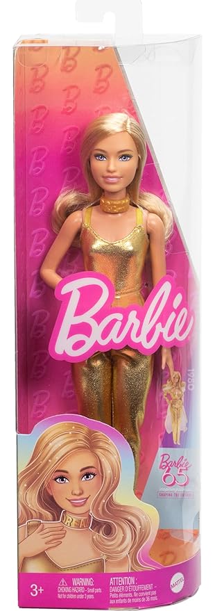 Barbie Fashionistas Doll #222, Petite Body Type with Blonde Wavy Hair, Golden Jumpsuit & Accessories, 65th Anniversary Collectible Fashion Doll