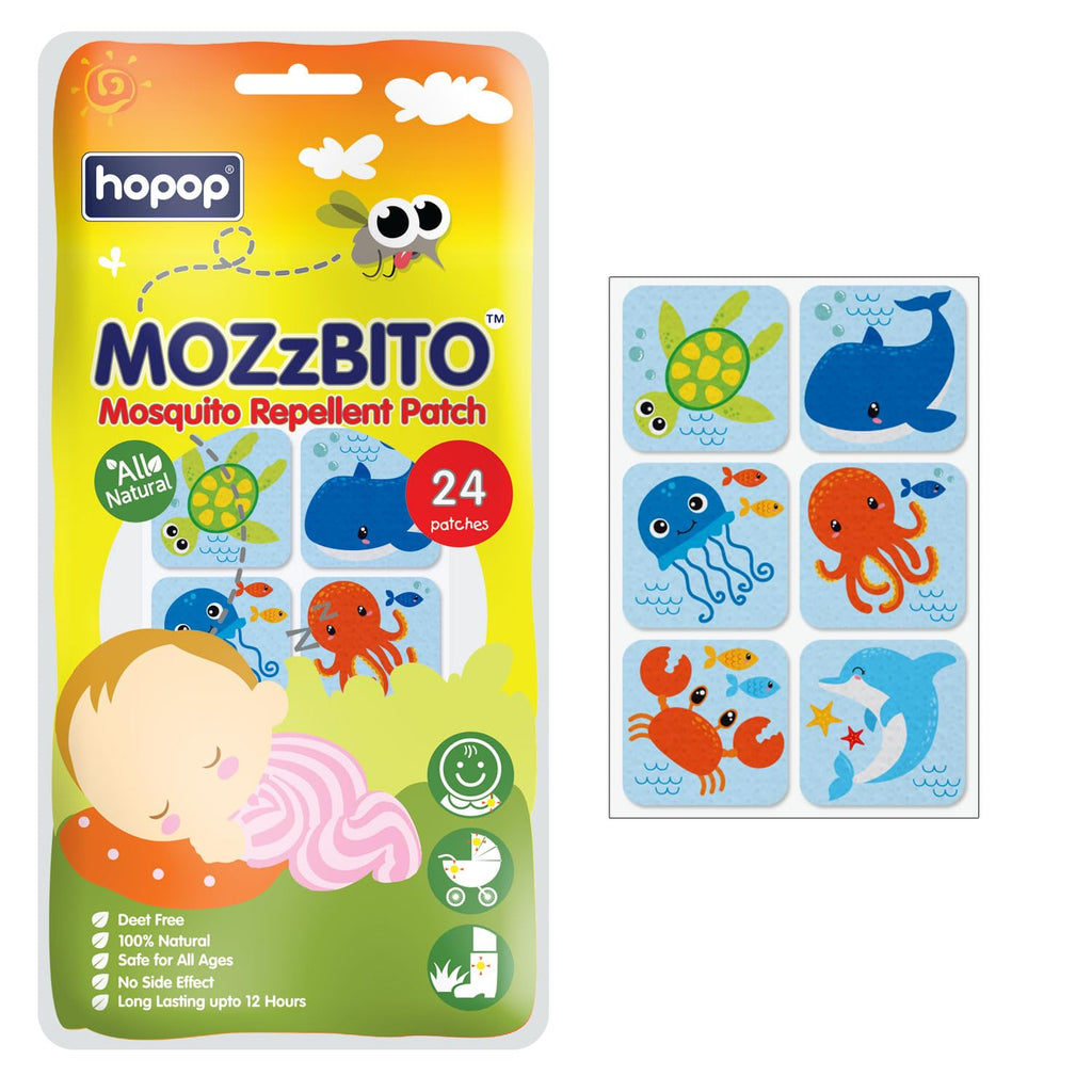 Hopop Mosquito Repellent Patches | MoZzbito 100% Natural Baby Mosquito Patches | Upto 12 Hour Protection Mosquito Sticker | Suitable for Kids & Adults | Deet Free | Pack of 24 | Transport