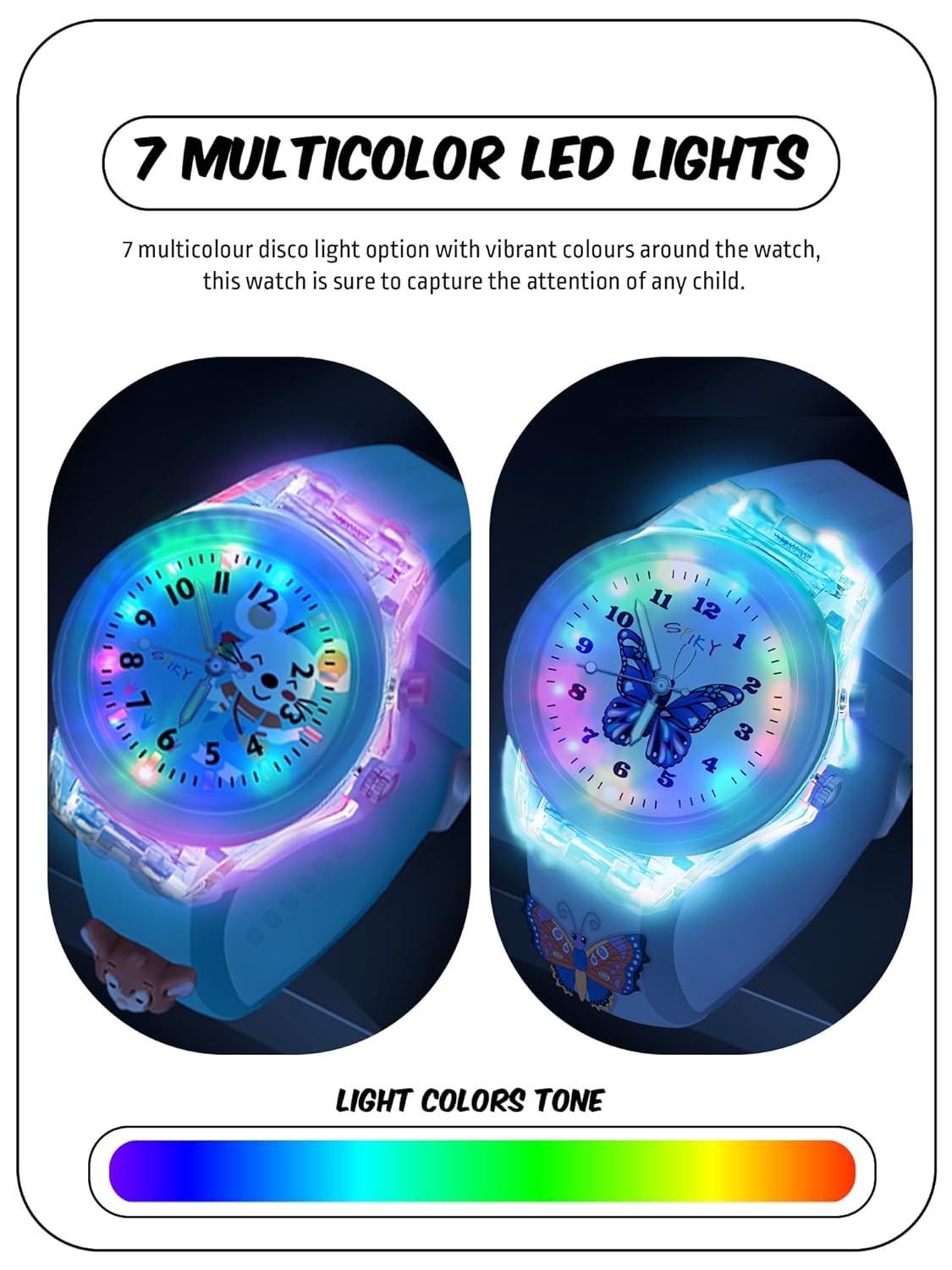 SPIKY Analog Watch for Kids | 3D Cartoon | 7 Multicolor LED Luminous Lights with Silicone Strap | Unisex Best Birthday Gift | Analogue Wrist Watches for Boys & Girls | Age 3-10 yrs