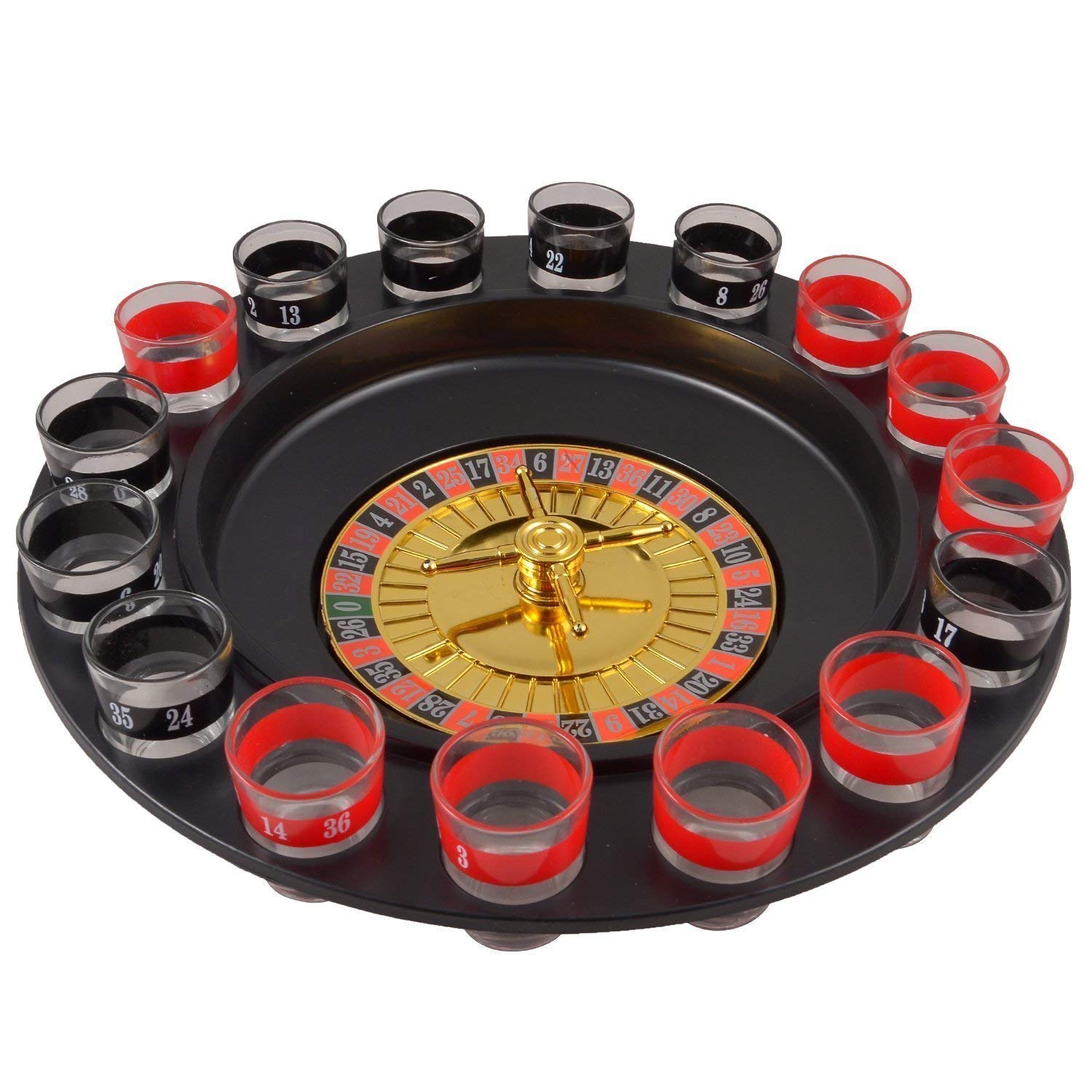 Roulette Drinking Game Set, 16 Glasses with 2 Balls, Black & Red, Casino Style