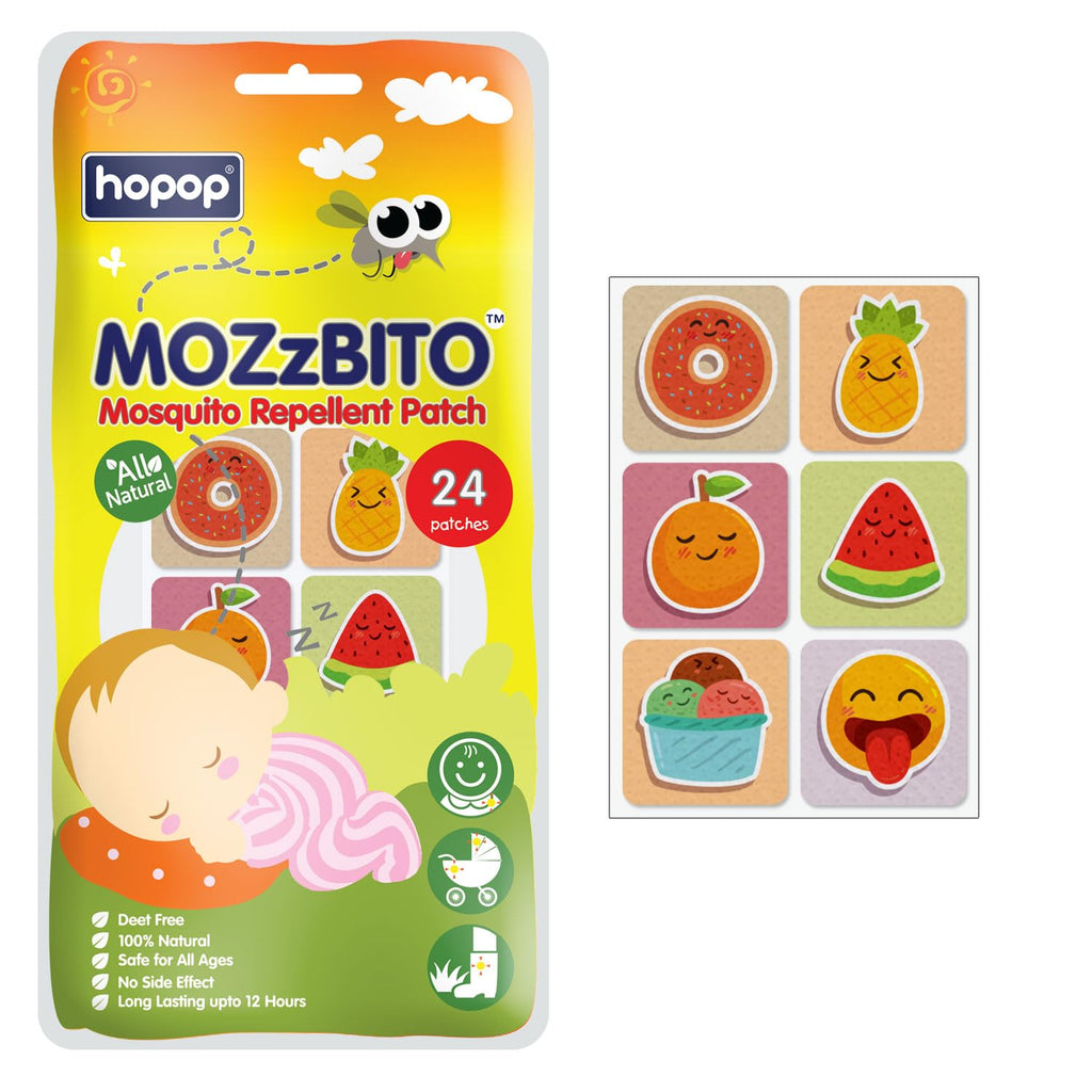 Hopop Mosquito Repellent Patches | MoZzbito 100% Natural Baby Mosquito Patches | Upto 12 Hour Protection Mosquito Sticker | Suitable for Kids & Adults | Deet Free | Pack of 24 | Transport