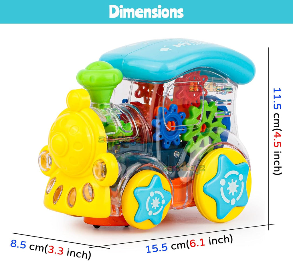 Zest 4 Toyz Gear Toys Kids Transparent Gear Train Engine Musical Sound Toy with Lights Bump and Go Toys for Boys Girls (Pack of 1) Multicolor